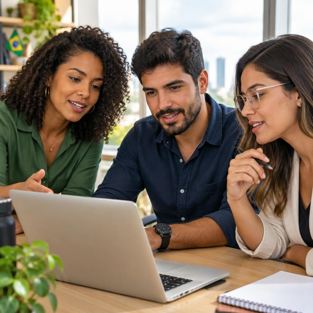 Three colleagues of different ages talking around a laptop